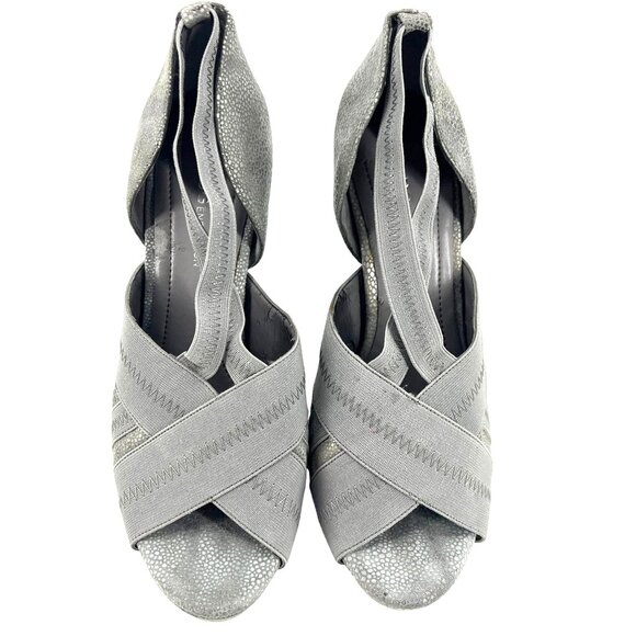 VTG Mob Wife Strappy Peep Toe Shiny 5" Heels Size 7 Gray Stretchy Pin Up Boudoir - Picture 3 of 7